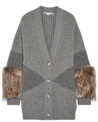 Stella McCartney Faux Fur Trimmed Ribbed Wool Cardigan Gray