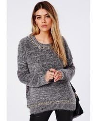 Missguided Dayo Fluffy Chain Neck Detail Sweater Silver Grey