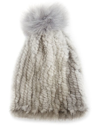 La Fiorentina Mink Fox Fur Pompom Beanie Hat Gray