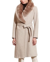 Lauren Ralph Lauren Faux Fur Collar Wool Blend Long Wrap Coat