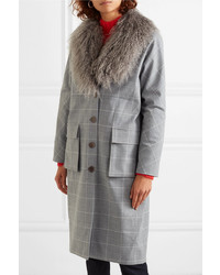 Lela Rose Shearling Trimmed Checked Woven Coat
