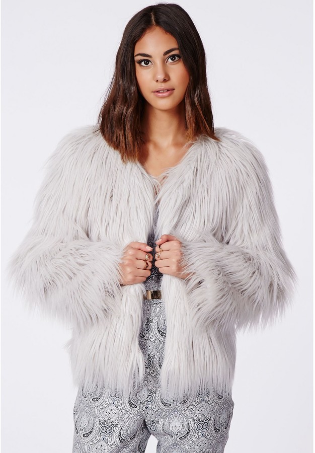 Missguided Cassie Shaggy Faux Fur Coat Grey, $85 | Missguided | Lookastic