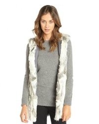 Adrienne Landau Grey Rabbit Fur Hooded Long Vest