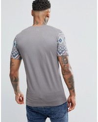 Asos Brand Muscle T Shirt With Geo Tribal Sleeve And Pocket In Gray Marl