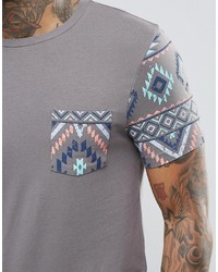Asos Brand Muscle T Shirt With Geo Tribal Sleeve And Pocket In Gray Marl
