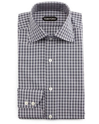 Tom Ford Geometrical Gingham Dress Shirt Gray