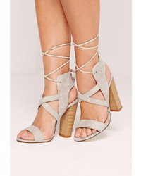 Missguided Cross Strap Lace Back Block Heel Sandals Grey