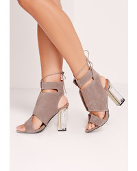 Missguided Perspex Block Heel Lace Up Sandals Grey