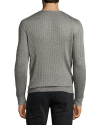 Tom Ford Lightweight Cashmere Silk Ribbed Henley Sweater Light Gray
