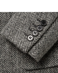 Saint Laurent Grey Slim Fit Leather Elbow Patch Herringbone Wool Tweed Blazer
