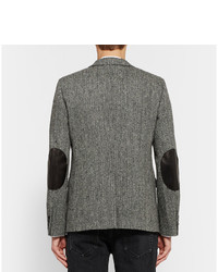 Saint Laurent Grey Slim Fit Leather Elbow Patch Herringbone Wool Tweed Blazer