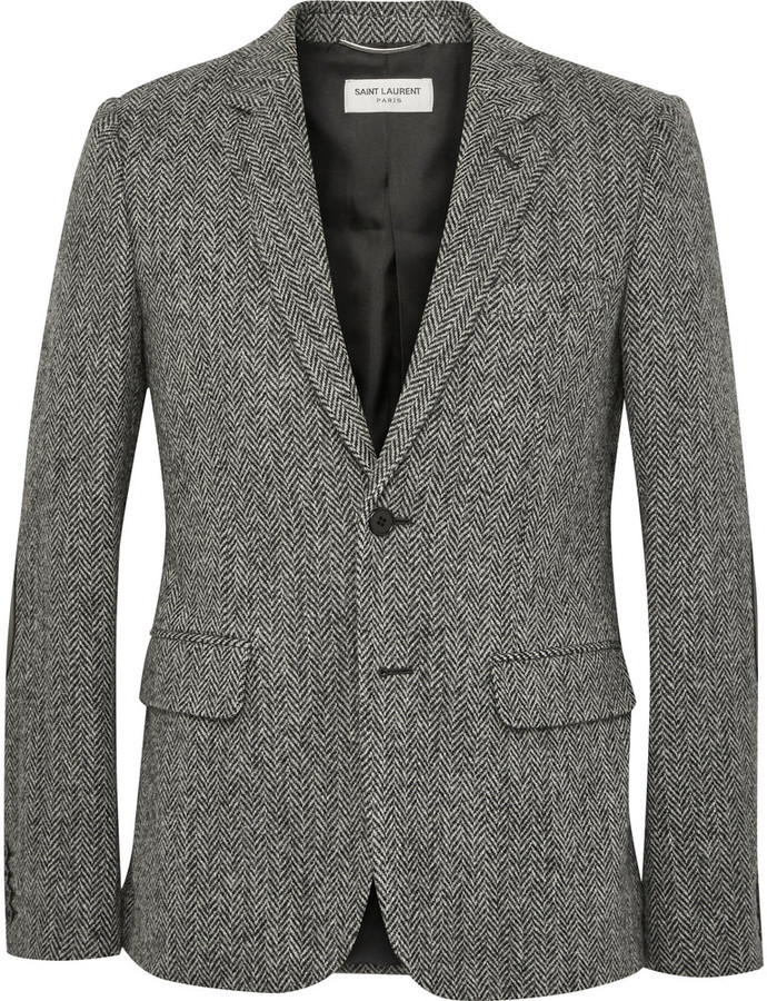 Habitat honderd gelijkheid Saint Laurent Grey Slim Fit Leather Elbow Patch Herringbone Wool Tweed  Blazer, $2,490 | MR PORTER | Lookastic