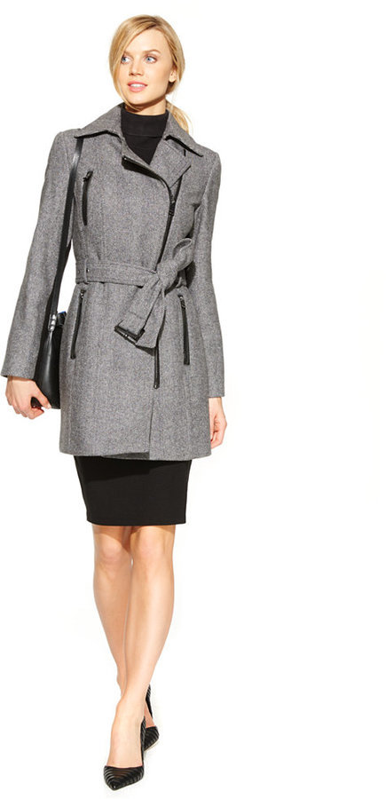 Calvin Klein Asymmetrical Zip Herringbone Trench Coat, $400 | Macy's |  Lookastic