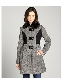 Betsey Johnson Black And White Wool Sparkle Herringbone Faux Fur Collar Bj Lurex Coat