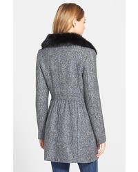 Bebe Faux Fur Trim Asymmetrical Tweed Coat