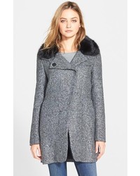 Bebe Faux Fur Trim Asymmetrical Tweed Coat