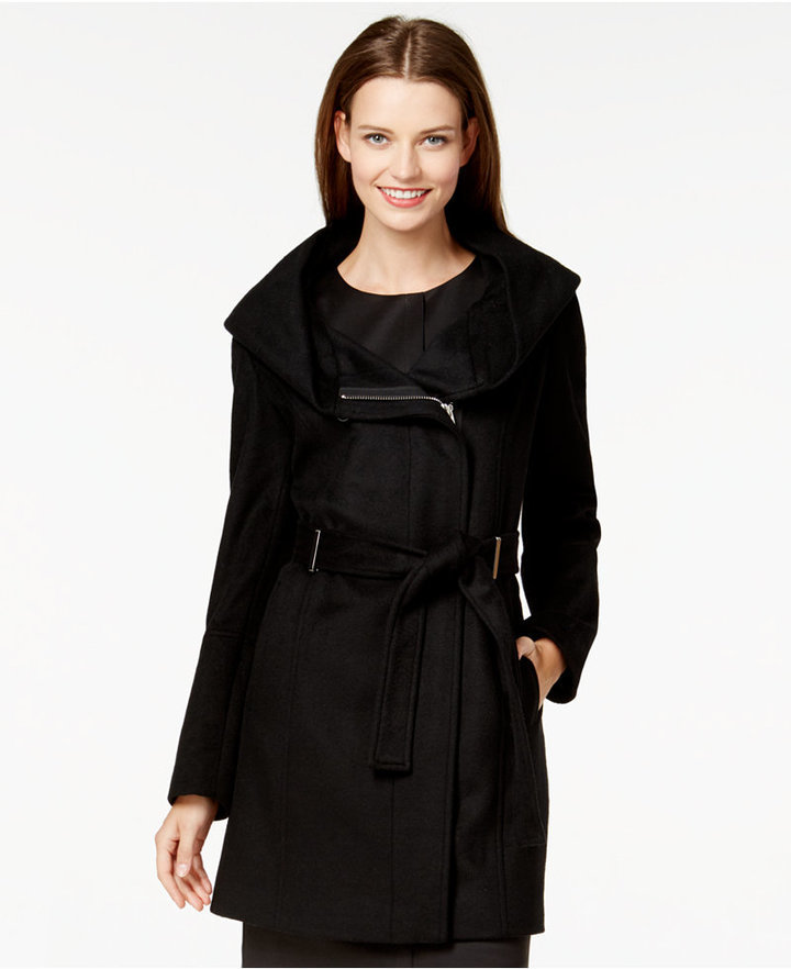 Calvin Klein Hooded Asymmetrical Herringbone Coat, $400 | Macy's | Lookastic