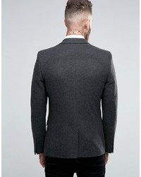 Asos Skinny Double Breasted Blazer In Gray Herringbone With Watch Chain
