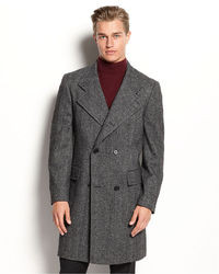 Calvin Klein Coat Merlow Double Breasted Herringbone Wool Blend Overcoat