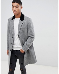 ASOS DESIGN Wool Mix Overcoat In Herringbone With Velvet Collar In Grey