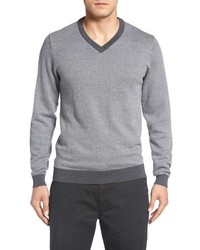 Grey Herringbone V-neck Sweater