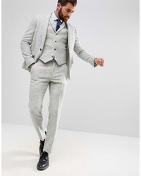 Asos Slim Suit Pants In 100% Wool Harris Tweed Herringbone In Light Gray