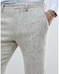 Asos Slim Suit Pants In 100% Wool Harris Tweed Herringbone In Light Gray
