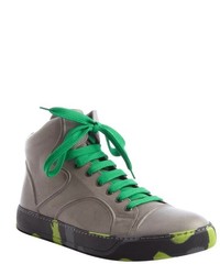 Lanvin Grey Leather And Green Printed High Top Sneakers
