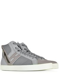 Hogan Rebel R141 Gray Leather And Fabric High Top Sneaker