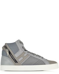 Hogan Rebel R141 Gray Leather And Fabric High Top Sneaker