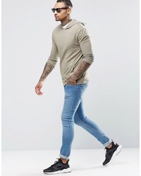 Asos Brand Muscle Hoodie In Lightweight Jersey In Washed Khaki