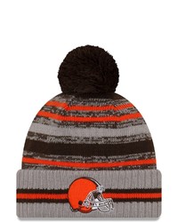 New Era Gray Cleveland Browns 2021 Nfl Sideline Sport Pom Cuffed Knit Hat At Nordstrom