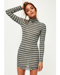 Missguided Grey Striped Curve Hem High Neck Rib Dress