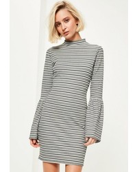 Missguided Grey Striped High Neck Flared Sleeve Bodycon Dress