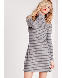 Missguided Turtle Neck Ribbed Stripe Swing Dress Grey