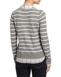Joie Cashmere Rika Striped Sweater Wplaid Trim Heather Grayheather Mineral
