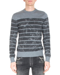 Balmain Floral Print Stripe Sweater Gray