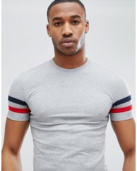 ASOS DESIGN Muscle Fit T Shirt With Sleeve Stripe In Grey Marl