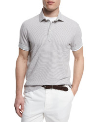 Brunello Cucinelli Fine Stripe Short Sleeve Polo Shirt Whitegray
