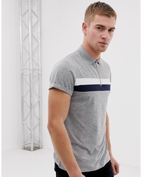 ASOS DESIGN Polo Shirt With Zip Neck And Roll Sleeve In Colour Block In Grey Marl