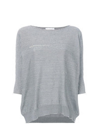Grey Horizontal Striped Short Sleeve Sweater