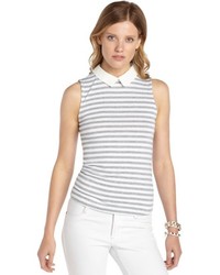 Casual Couture by Green Envelope Navy And White Stretch Striped Collared Sleeveless Top
