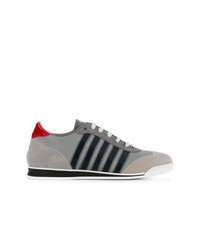 Grey Horizontal Striped Suede Low Top Sneakers