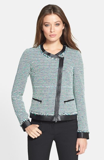 Lafayette 148 New York Harmonia Leather Trim Stripe Tweed Jacket, $748 ...