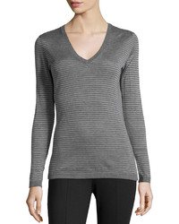 Grey Horizontal Striped V-neck Sweater