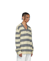 Lanvin Grey And Yellow Striped Wool And Alpaca V Neck Sweater