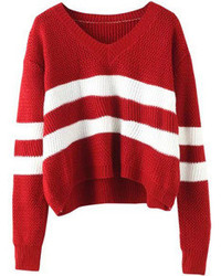 V Neck Striped Khaki Sweater