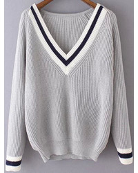 V Neck Varsity Striped Grey Sweater