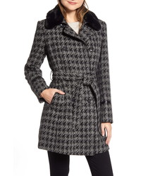 Via Spiga Double Breasted Houndstooth Wool Blend Coat With Faux