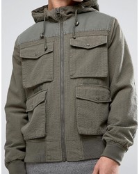 Asos Bomber Jacket In Ripstop With 4 Pockets Hood In Khaki